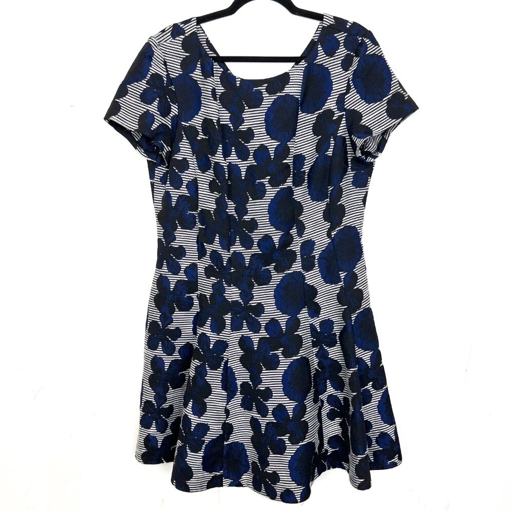 Donna Ricco Jacquard Floral Short Sleeve Fit & Flare Dress‎ Navy Black 16 mc